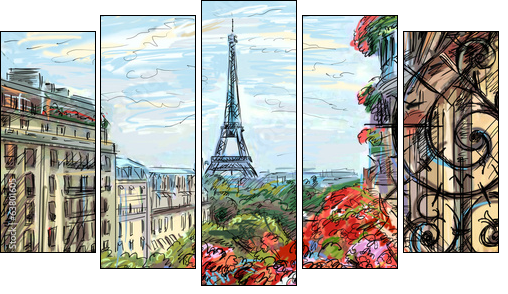 Street in paris - illustration - Five-piece canvas print, Pentaptych