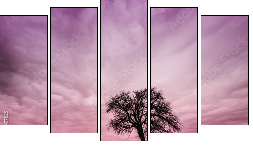 Tree Silhouette with Colorful Pink Sky - Five-piece canvas print, Pentaptych