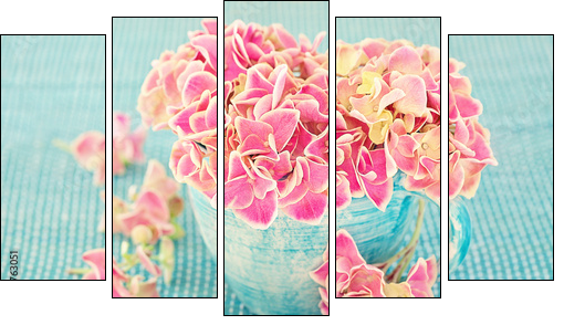 Pink hydrangea flowers in a cup on a blue background . - Five-piece canvas print, Pentaptych
