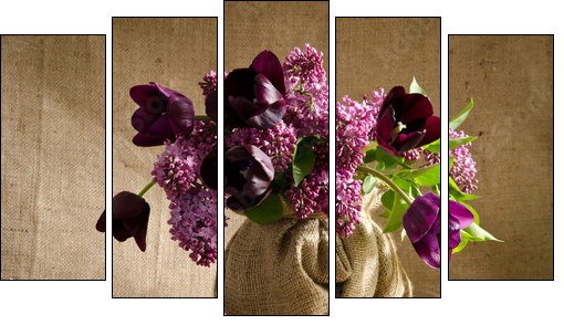 Beautiful bouquet of tulips with sprigs of lilac in a vase on a - Five-piece canvas print, Pentaptych