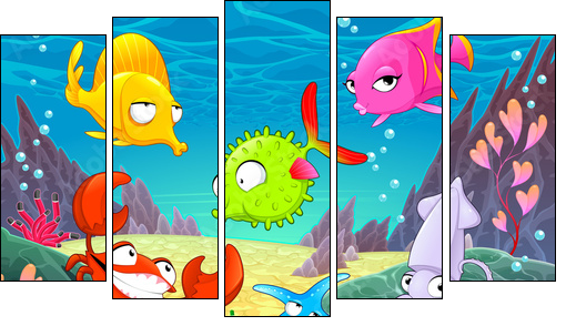 Funny happy animals under the sea. - Five-piece canvas print, Pentaptych