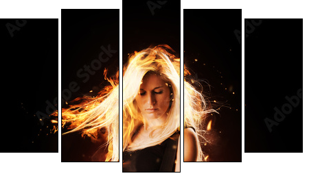 Burning girl with flaming guitar on black background - Five-piece canvas print, Pentaptych