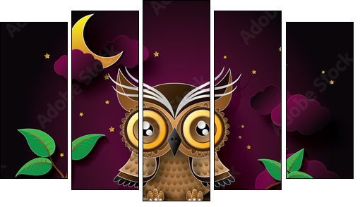 vector of owl and moon. - Five-piece canvas print, Pentaptych