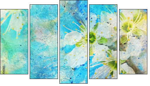messy watercolor splatter and blooming spring twig - Five-piece canvas print, Pentaptych