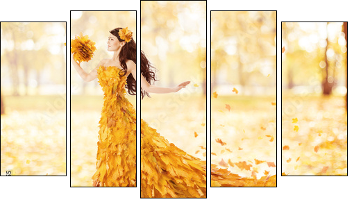 Autumn woman in fashion dress of fall maple leaves, artistic - Five-piece canvas print, Pentaptych