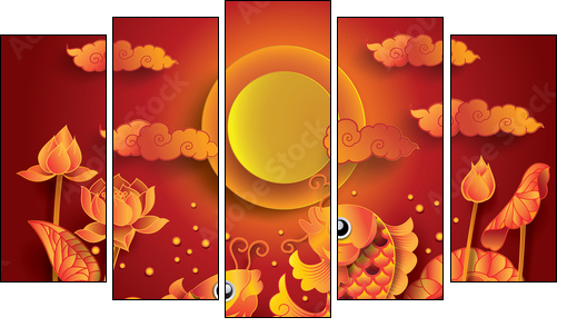 Golden koi fish with fullmoon - Five-piece canvas print, Pentaptych