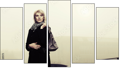 Young fashion woman with handbag on the foggy city street - Five-piece canvas print, Pentaptych