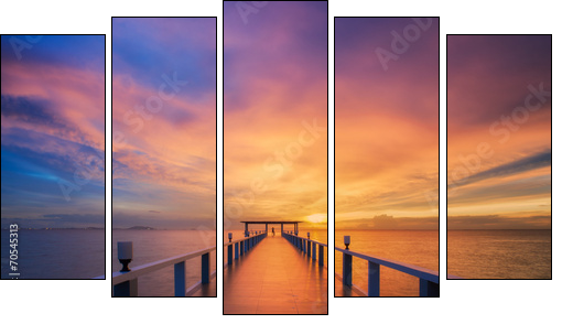 Wooded bridge in the port between sunrise. - Five-piece canvas print, Pentaptych
