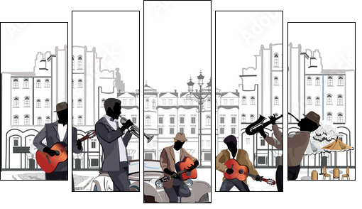 Series of street views with musicians - Five-piece canvas print, Pentaptych