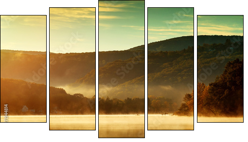 Beautiful autumn landscape, the lake in the morning fog - Five-piece canvas print, Pentaptych