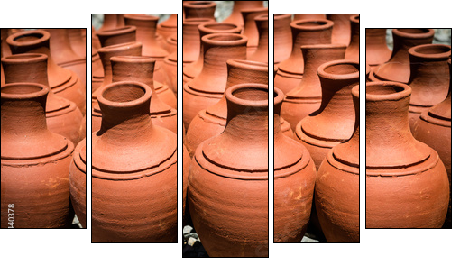 Turkish clay pots in market outdoor in sunny day - Five-piece canvas print, Pentaptych