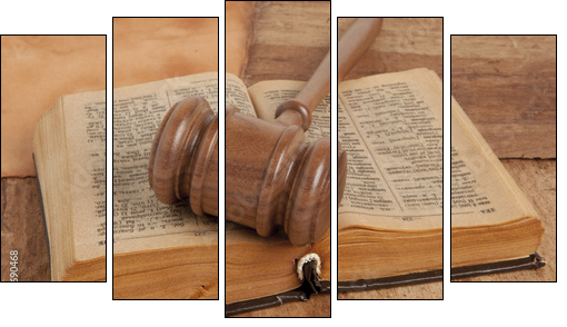 Wooden gavel and books - Five-piece canvas print, Pentaptych
