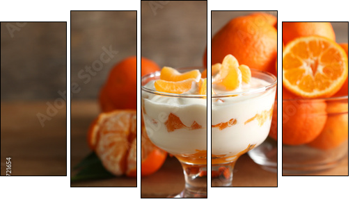 Tasty milk dessert with fresh tangerine pieces in glass bowl, - Five-piece canvas print, Pentaptych