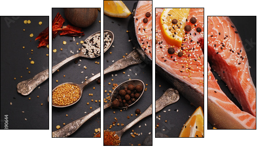 Fresh salmon and spices - Five-piece canvas print, Pentaptych