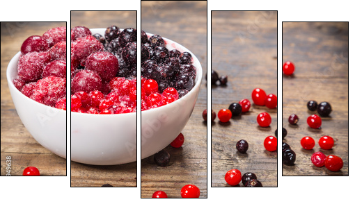 frozen berries in plate on wooden background - Five-piece canvas print, Pentaptych