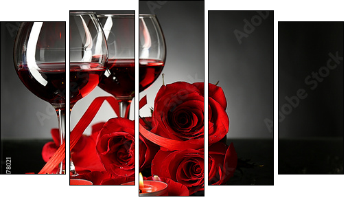 Composition with red wine in glasses, red rose and decorative - Five-piece canvas print, Pentaptych