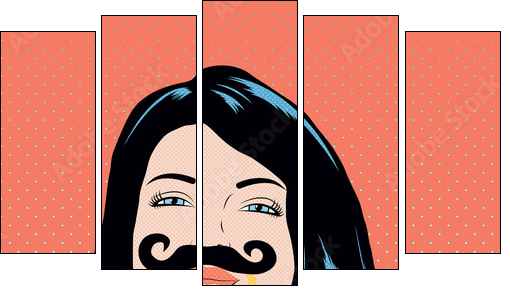 Pop art illustration with girl holding mustache mask. - Five-piece canvas print, Pentaptych